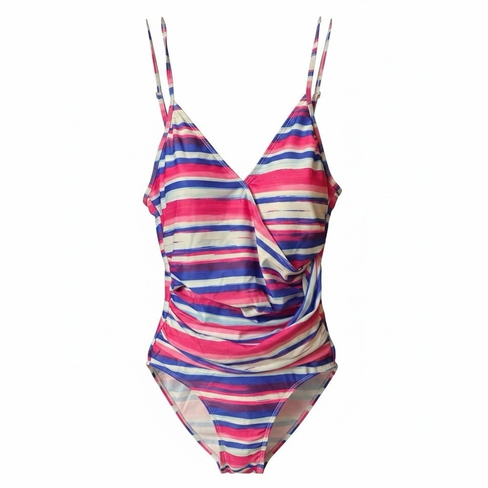 Catherine Malandrino Pink Striped Ruched One Piece Bathing Suit Padded Sz L